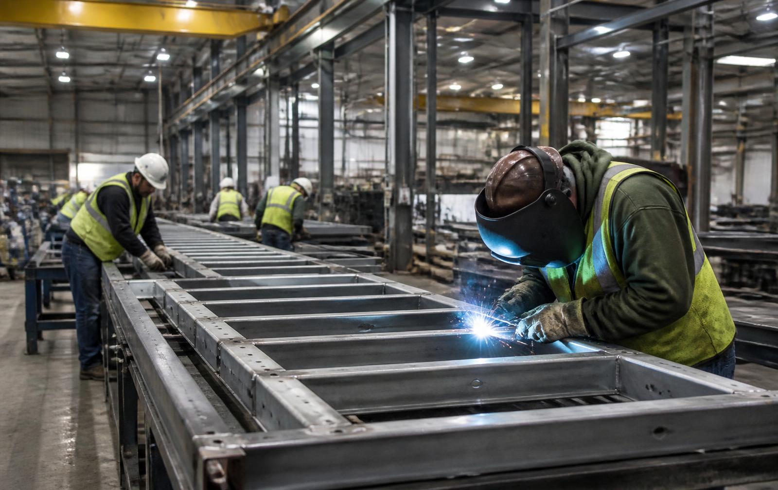 NWB fabrication team welding steel wall panel frames inside a United States manufacturing facility